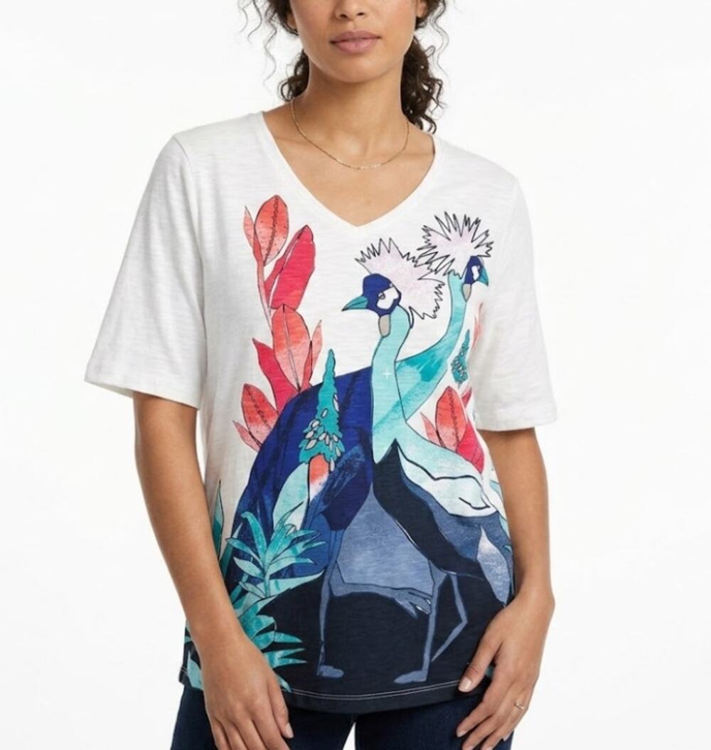 CHICO'S Peacock Graphic T-Shirt Short Sleeve Relaxed Fit Cotton White Womens L